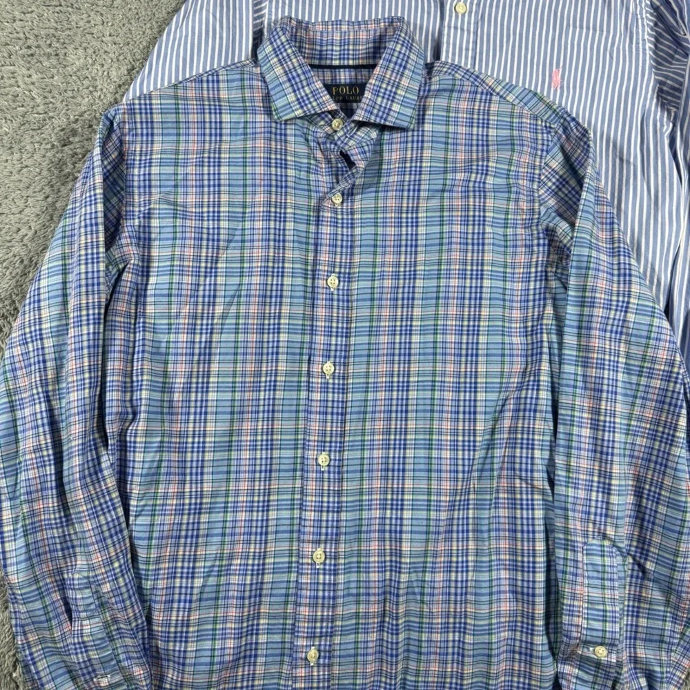 Lot of 2 Polo Ralph Lauren Button Shirts Mens Medium‎ Blue Striped & Plaid Multi
